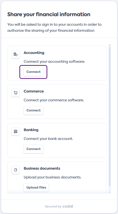 Screenshot of the Share your financial information screen of Codat&#39;s Link Flow. It lists the Accounting, Commerce, Banking, and Business Documents  with the Connect button of the Accounting section highlighted.