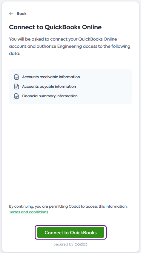 Screenshot of the Connect to QuickBooks Online screen of Codat&#39;s Link Flow. QuickBooks Online tile is highlighted with a number 1 written on it. Next button is also highlighted with a number 2 written on it.