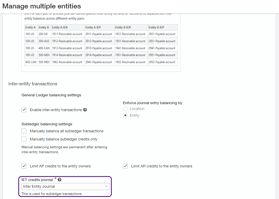 Screenshot of Manage multiple entities screen with Inter Entity Journal selected in the IET credits journal dropdown.