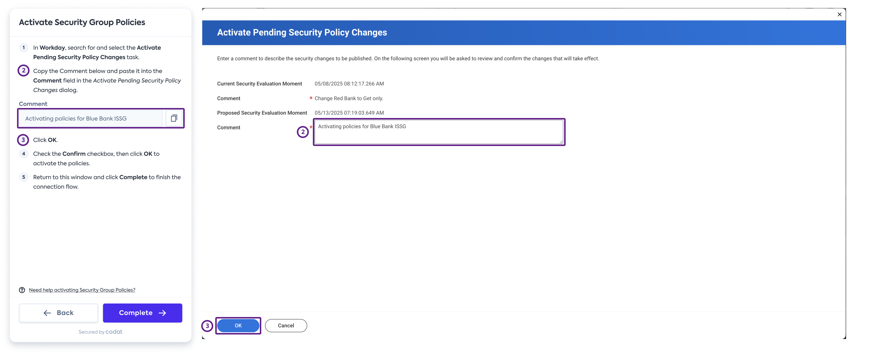 Screenshot of Workday’s interface displaying the Activate Pending Security Policies dialog with an example comment about what&#39;s being activated.