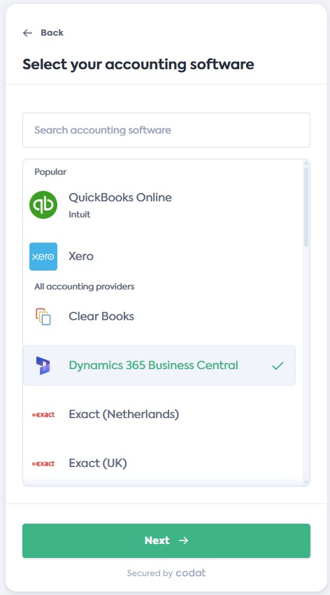 Screenshot of the Select your accounting software screen of Codat&#39;s Link Flow. It displays a list of integrations. Dynamics BC tile is selected.