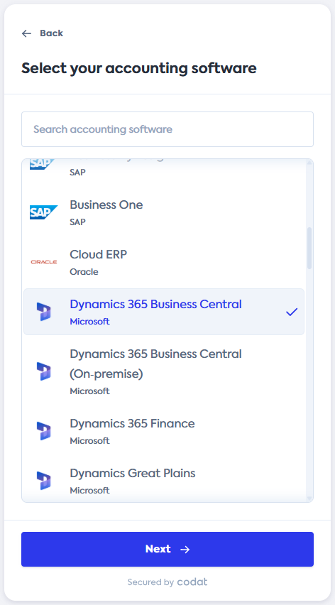 Screenshot of the Select your accounting software screen of Codat&#39;s Link Flow. It displays a list of integrations. Dynamics BC tile is selected.
