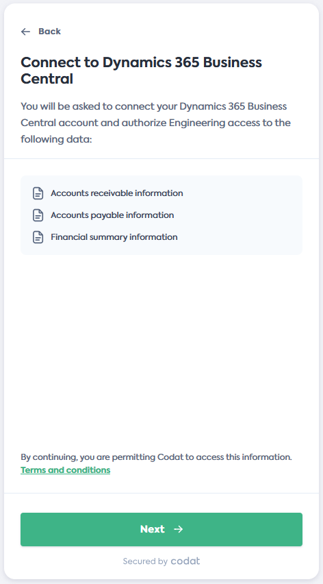 Screenshot of the Connect to Dynamics BC screen of Codat&#39;s Link Flow.
