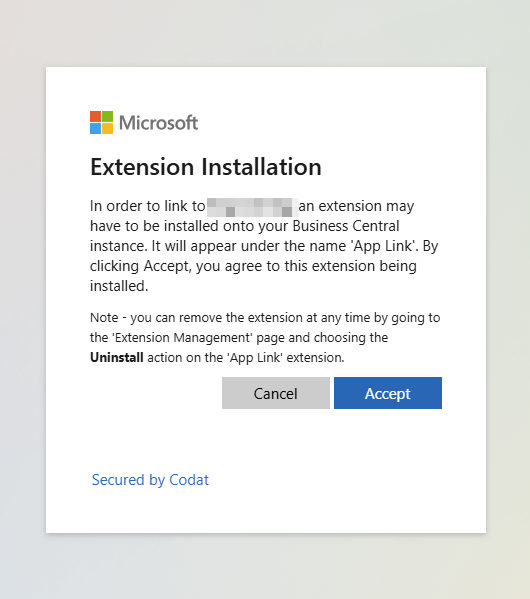 Screenshot of the Dynamics BC connection screen with a notice about extension installation.