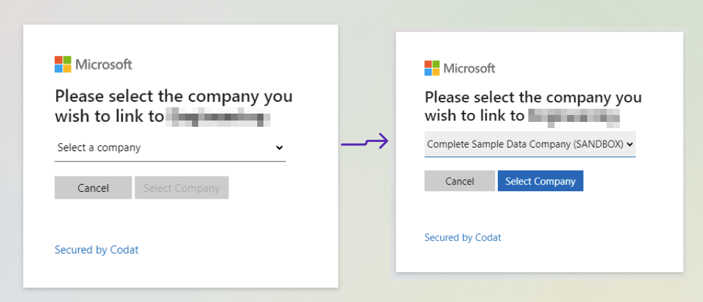 Screenshot of two screens of the Dynamics BC connection interface with a company selection dropdown.