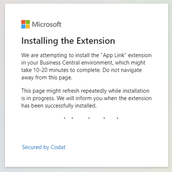 Screenshot of the Dynamics BC connection screen with the extension installation in progress.