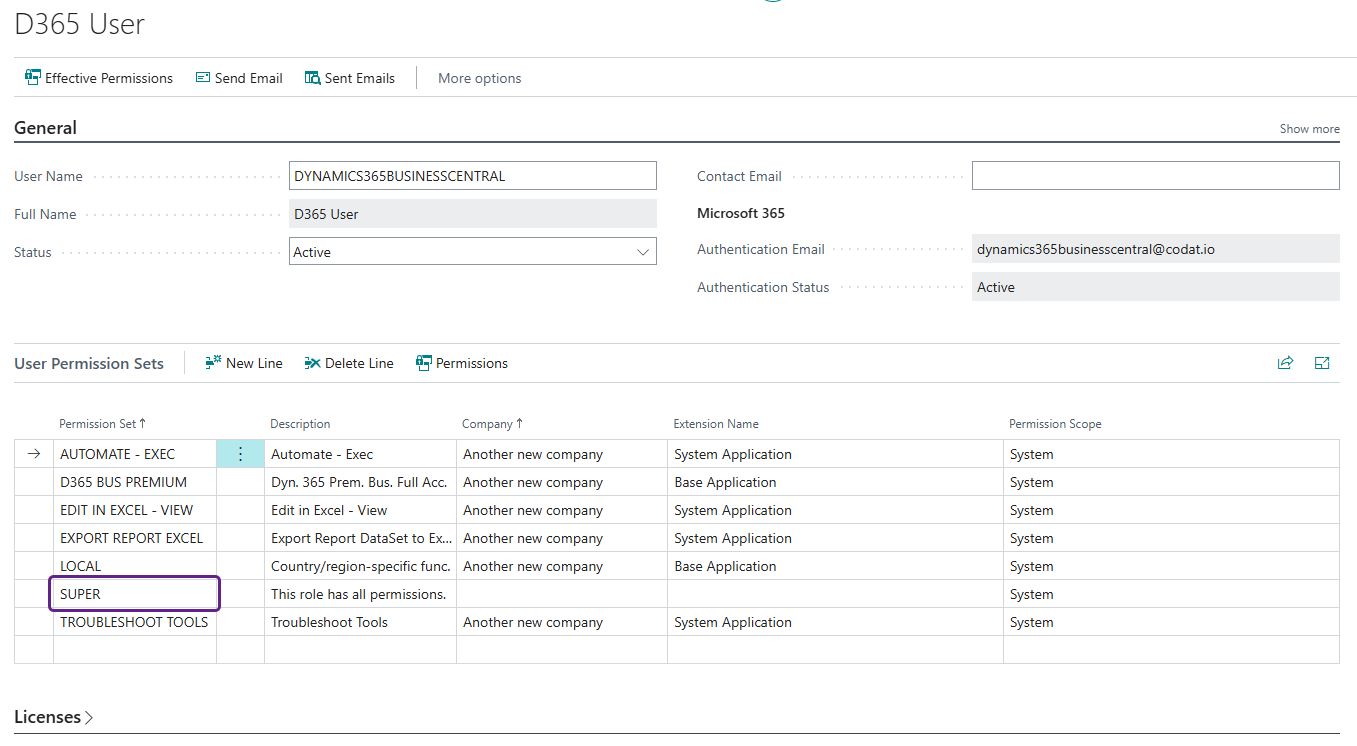 Screenshot of Business Central&#39;s user record highlighting the required &quot;SUPER&quot; Permission Set.