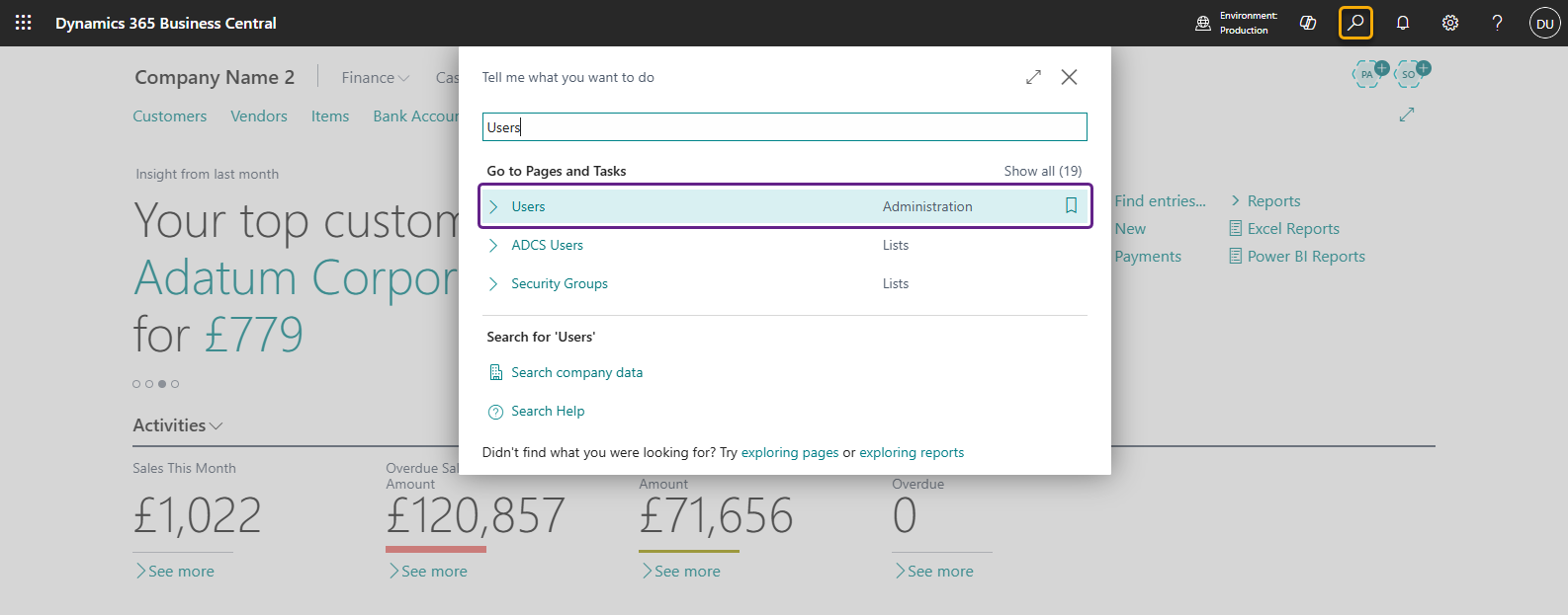 Screenshot of Business Central&#39;s search bar being used to search for &quot;Users&quot;.