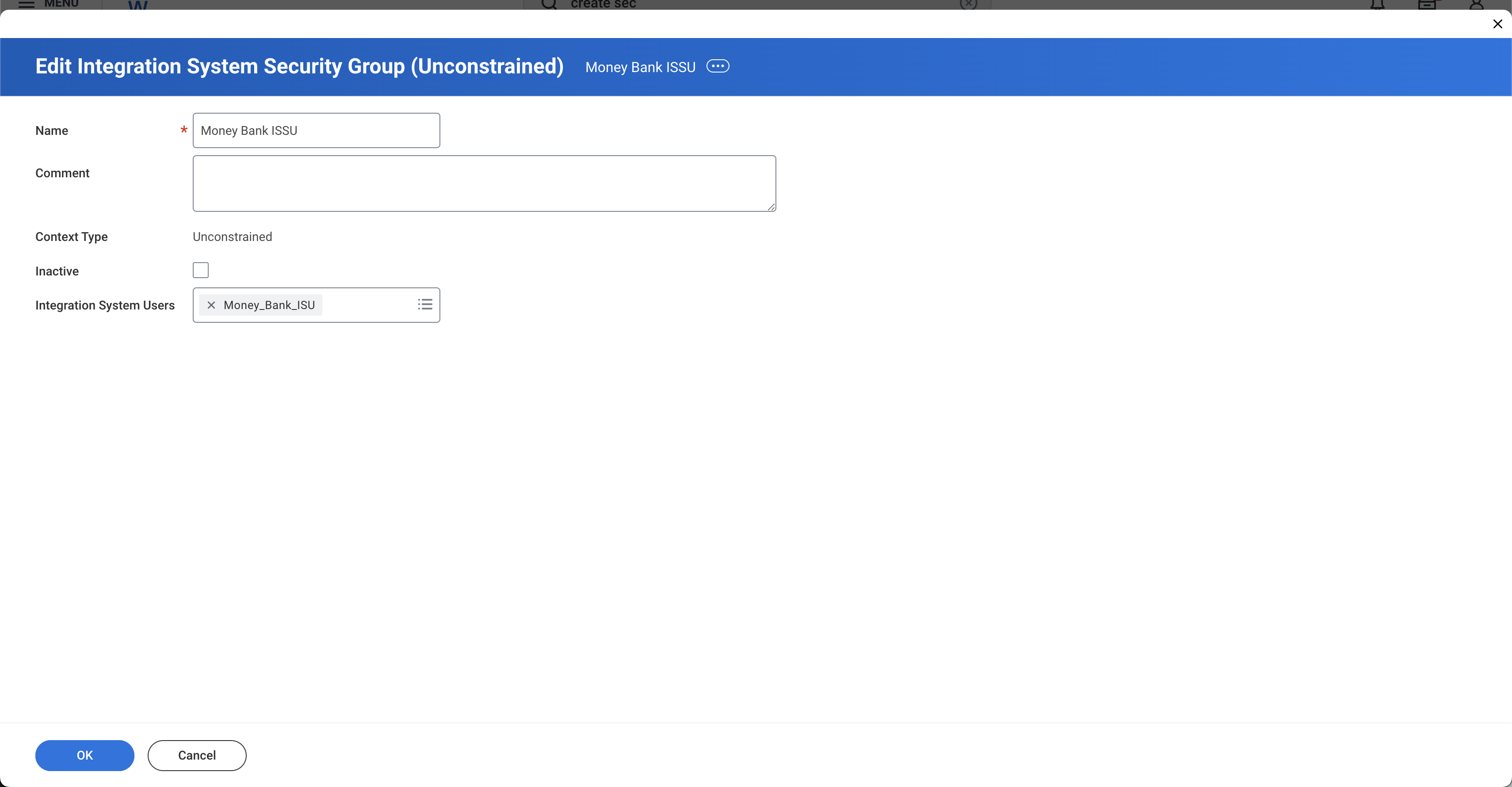 Screenshot of Workday’s interface displaying the Edit Integration System Security Group (Unconstrained) dialog configured with the expected fields.