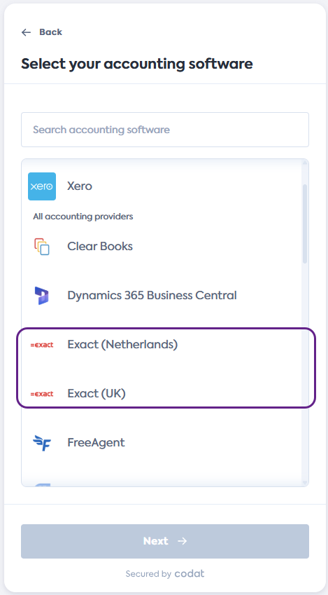 Screenshot of the Select your accounting software screen of Codat&#39;s Link Flow. It displays a list of integrations. Exact NL and Exact UK tiles have a border around them.