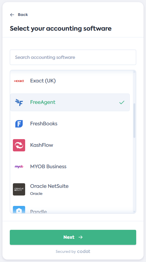 Screenshot of the Select your accounting software screen of Codat&#39;s Link Flow. It displays a list of integrations. Freeagent tile is selected.