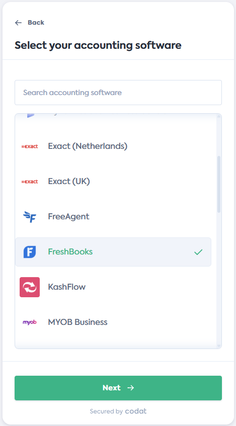 Screenshot of the Select your accounting software screen of Codat&#39;s Link Flow. It displays a list of integrations. FreshBooks tile is selected.