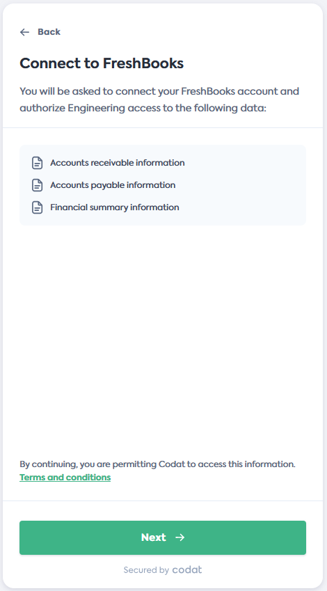 Screenshot of the Connect to FreshBooks screen of Codat&#39;s Link Flow.