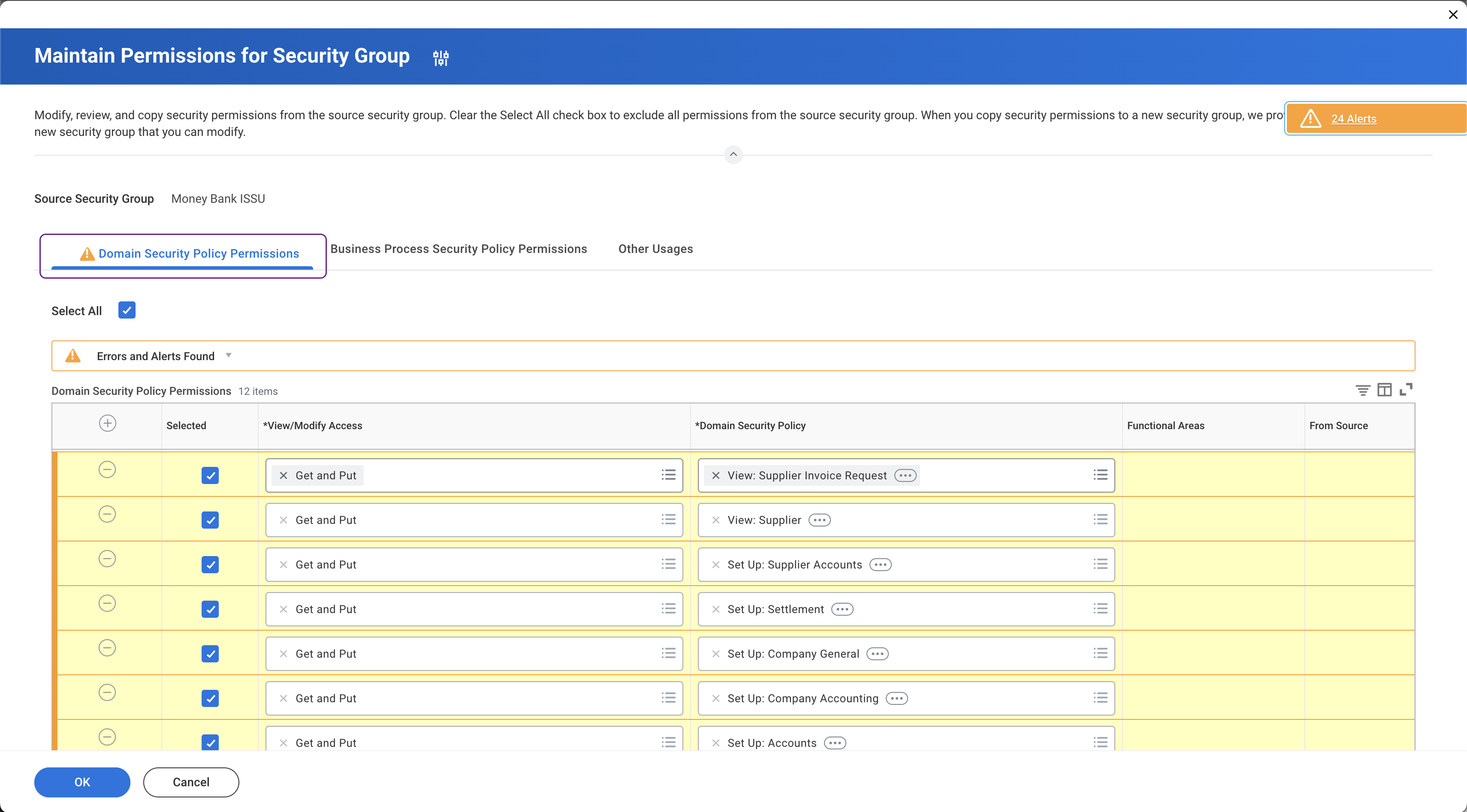 Screenshot of Workday’s interface displaying the Domain Security Policy Permissions dialog configured with the expected permissions.