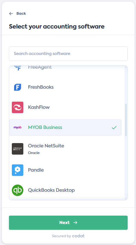 Screenshot of the Select your accounting software screen of Codat&#39;s Link Flow. It displays a list of integrations. MYOB Business tile is selected.