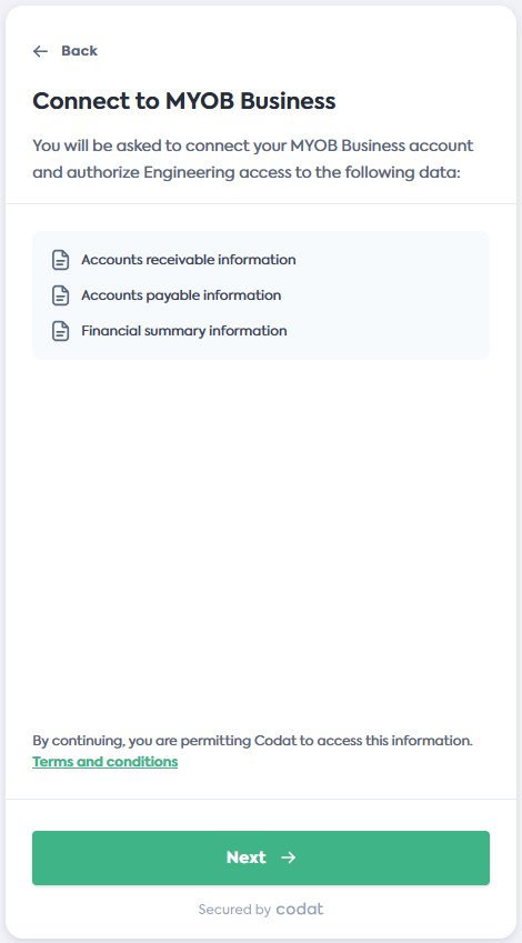 Screenshot of the Connect to MYOB Business screen of Codat&#39;s Link Flow.