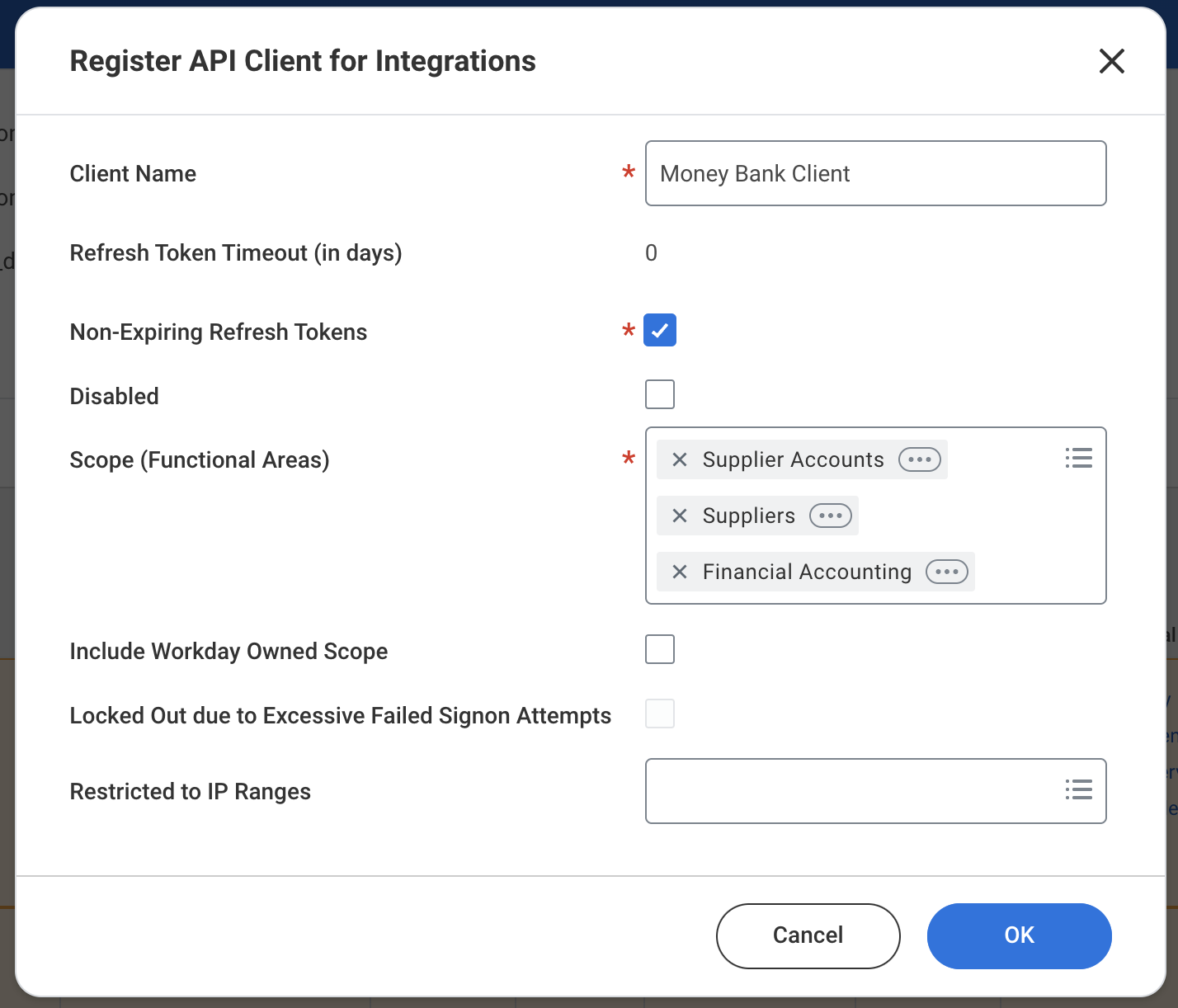 Screenshot of Workday’s interface displaying the Register API Client for Integrations dialog pre-populated with the required fields.