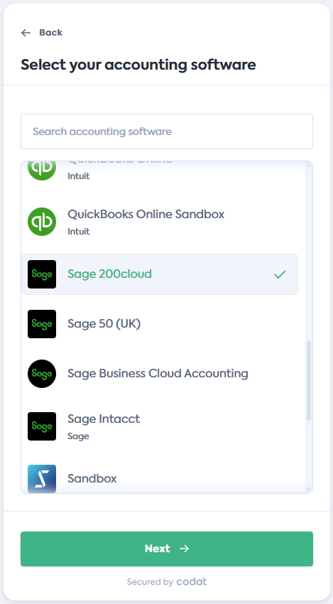 Screenshot of the Select your accounting software screen of Codat&#39;s Link Flow. It displays a list of integrations. Sage 200cloud tile is selected.