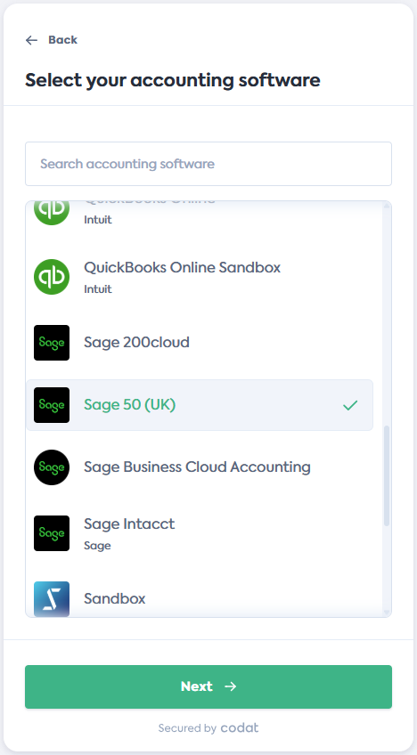 Screenshot of the Select your accounting software screen of Codat&#39;s Link Flow. It displays a list of integrations. Sage 50 tile is selected.