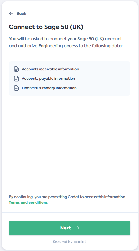 Screenshot of the Connect to Sage 50 screen of Codat&#39;s Link Flow.