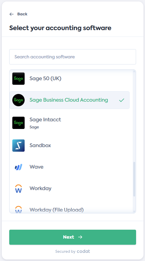 Screenshot of the Select your accounting software screen of Codat&#39;s Link Flow. It displays a list of integrations. Sage Business Cloud tile is selected.