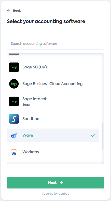 Screenshot of the Select your accounting software screen of Codat&#39;s Link Flow. It displays a list of integrations. Wave tile is selected.