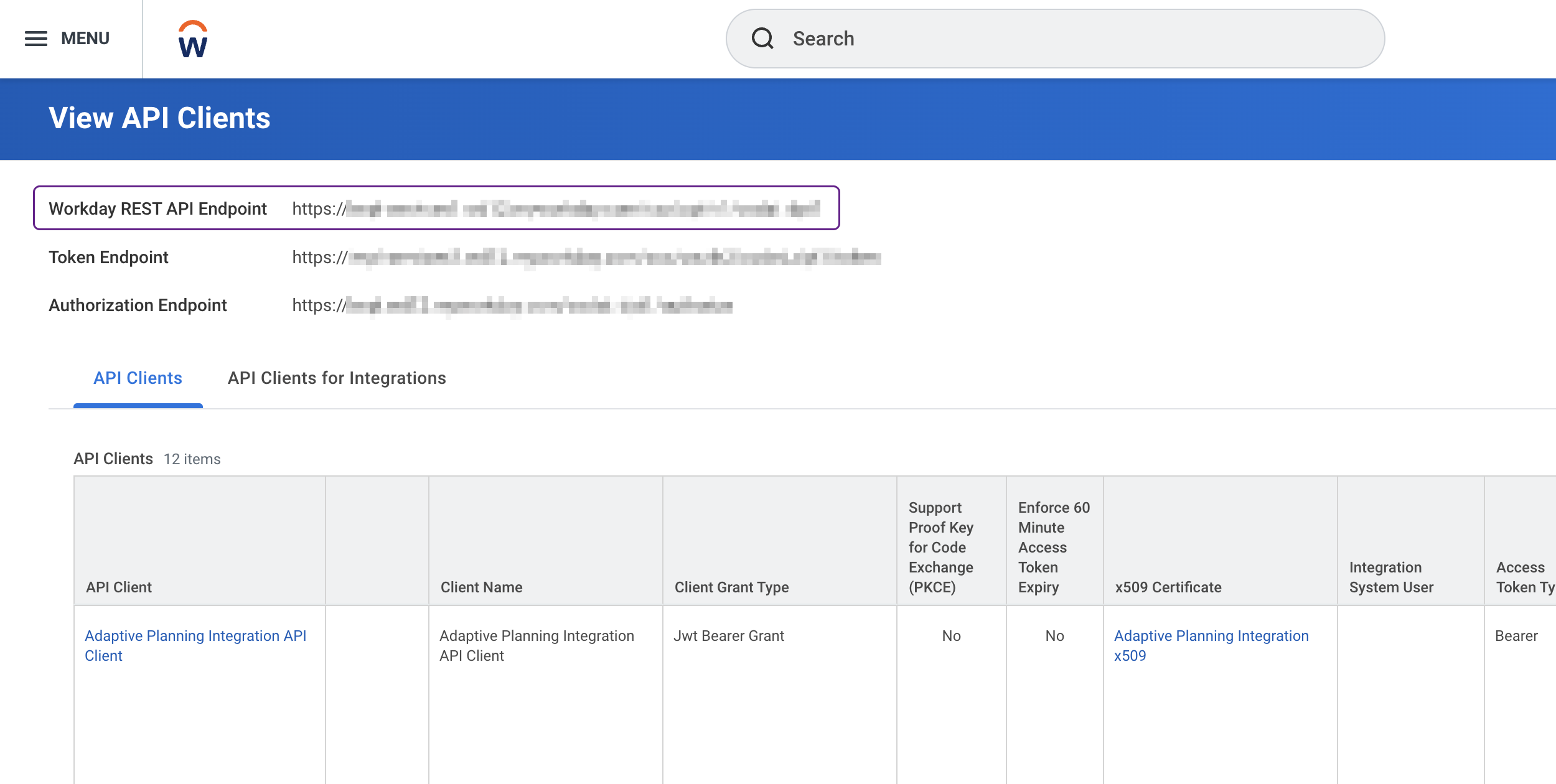Screenshot of Workday’s interface displaying the View API Clients report with the Workday REST API endpoint line outlined.