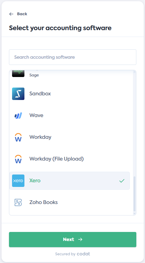 Screenshot of the Select your accounting software screen of Codat&#39;s Link Flow. It displays a list of integrations. Xero tile is selected.