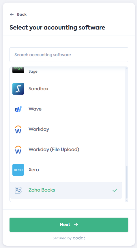 Screenshot of the Select your accounting software screen of Codat&#39;s Link Flow. It displays a list of integrations. Zoho Books tile is selected.