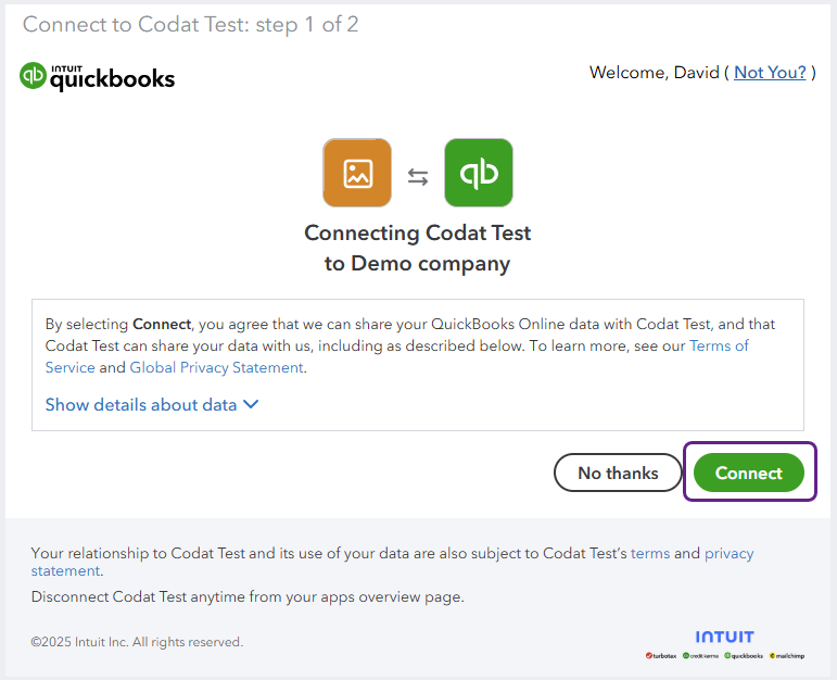 Capture d'écran de l'interface de connexion QuickBooks Online affichant l'entreprise en cours de connexion. Le bouton Connecter est mis en évidence.