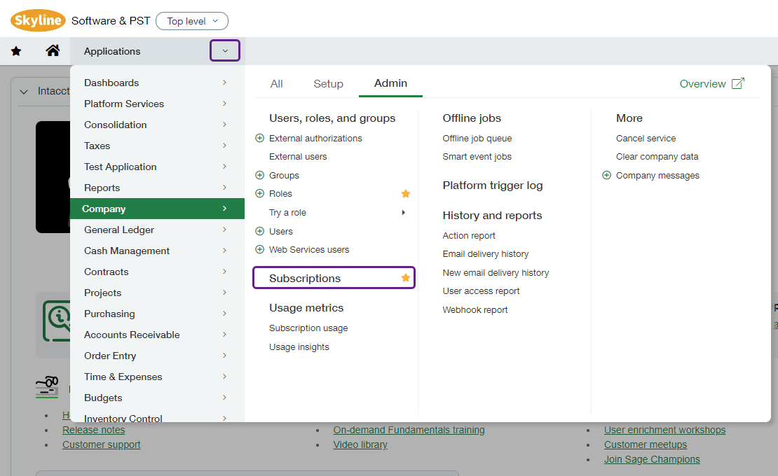 Capture d'écran de l'interface Sage Intacct affichant le menu déroulant qui suit le chemin Company vers Admin vers Subscriptions. L'option de menu Subscriptions est mise en évidence.