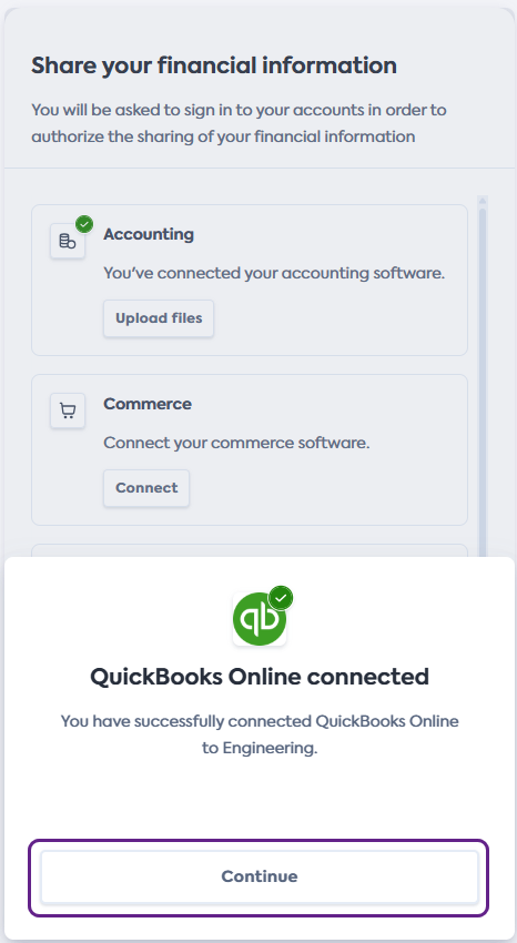 Capture d'écran de l'écran QuickBooks Online connecté du flux de lien de Codat avec le bouton Continuer mis en évidence.