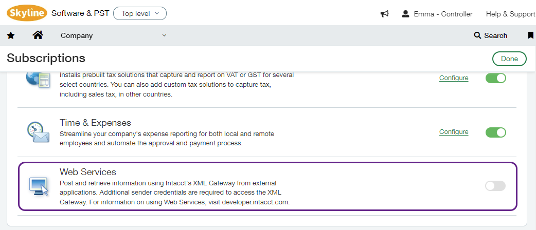 Capture d'écran de l'interface Sage Intacct affichant la liste des Subscriptions avec l'option d'abonnement Web Services encadrée.