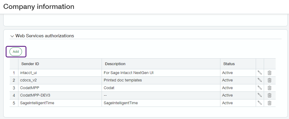 Capture d'écran de l'interface Sage Intacct affichant la vue Company information et la section Web Services authorizations. Le bouton Add est mis en évidence.