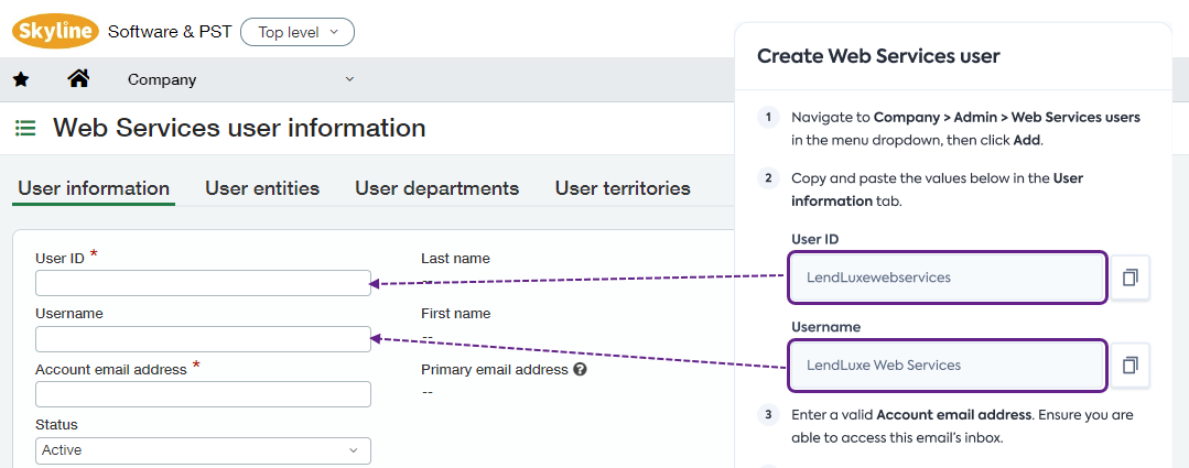 Capture d'écran de l'interface Sage Intacct affichant la fenêtre Web Services user information. À côté, une image du flux de connexion est ajoutée avec les champs User ID et Username visibles. Il y a des flèches montrant le processus de copie et de collage des valeurs User ID et Username du flux vers la fenêtre Sage Intacct.