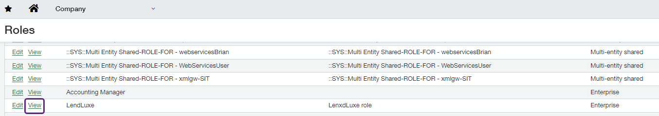 Capture d'écran de l'interface Sage Intacct affichant la liste des Roles avec le bouton View encadré sur la ligne avec le rôle créé dans les étapes précédentes.