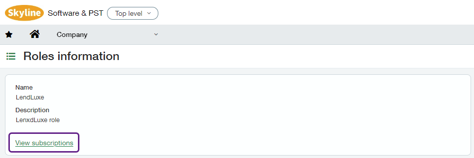 Capture d'écran de l'interface Sage Intacct affichant la liste des Roles avec le bouton View encadr é sur la ligne avec le rôle créé dans les étapes précédentes.
