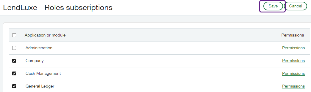 Capture d'écran de l'interface Sage Intacct affichant la liste des Roles avec le bouton View encadré sur la ligne avec le rôle créé dans les étapes précédentes.