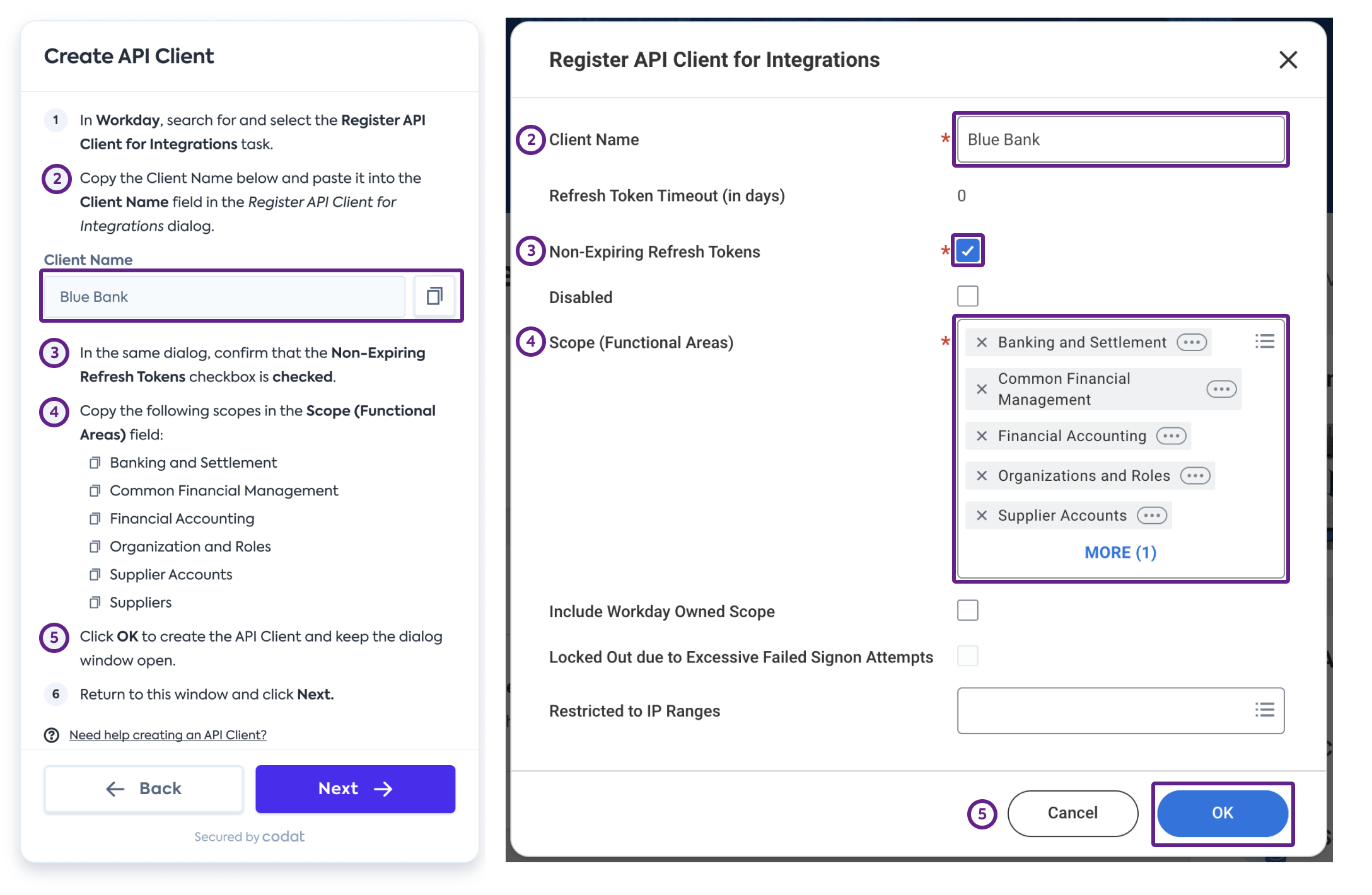 Capture d'écran de l'interface de Workday affichant la boîte de dialogue Register API Client for Integrations pré-remplie avec les champs requis.