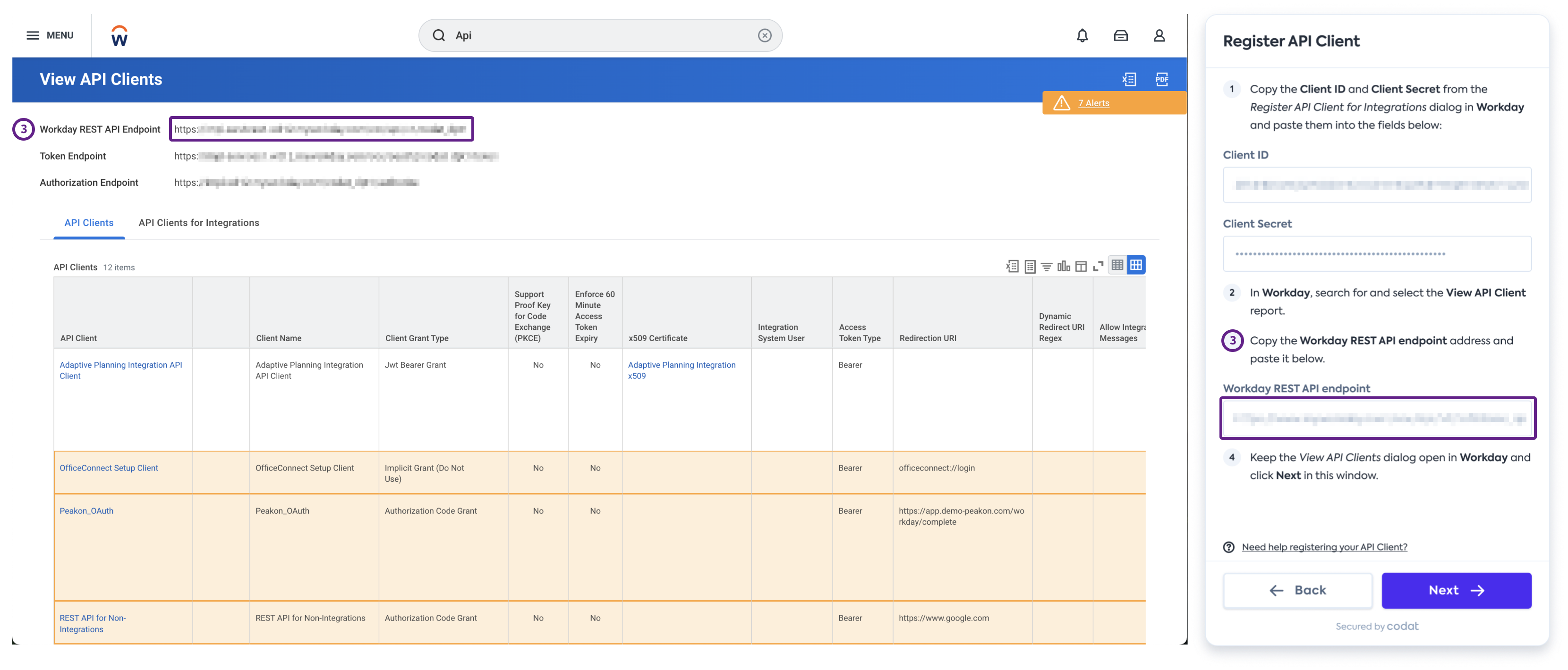 Capture d'écran de l'interface de Workday affichant le rapport View API Clients avec la ligne du point de terminaison de l'API REST Workday encadrée.