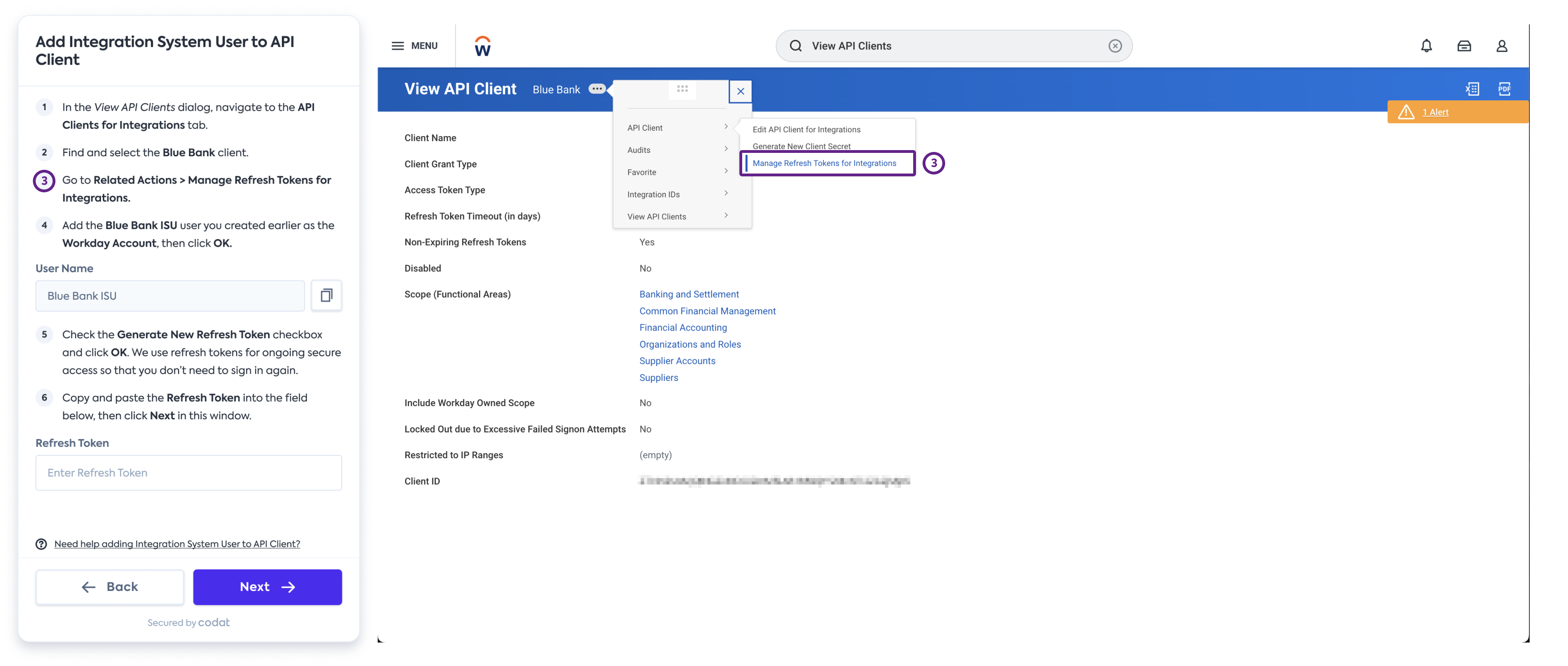 Capture d'écran de l'interface de Workday affichant le chemin de navigation pour View API Client's Related Actions > Manage Refresh Tokens for Integrations.