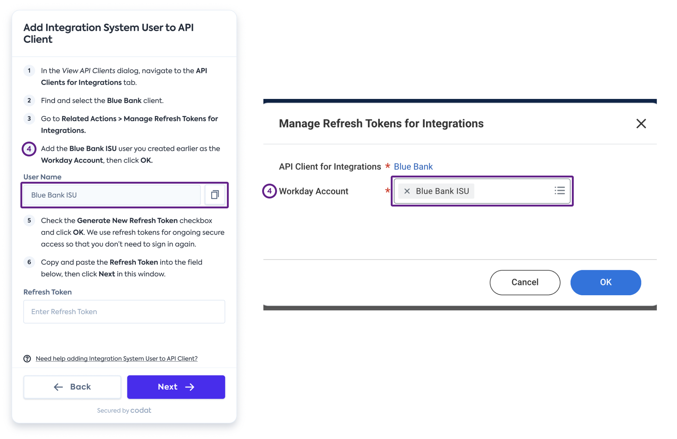 Capture d'écran de l'interface de Workday affichant la relation entre le flux de connexion de Codat et Workday.