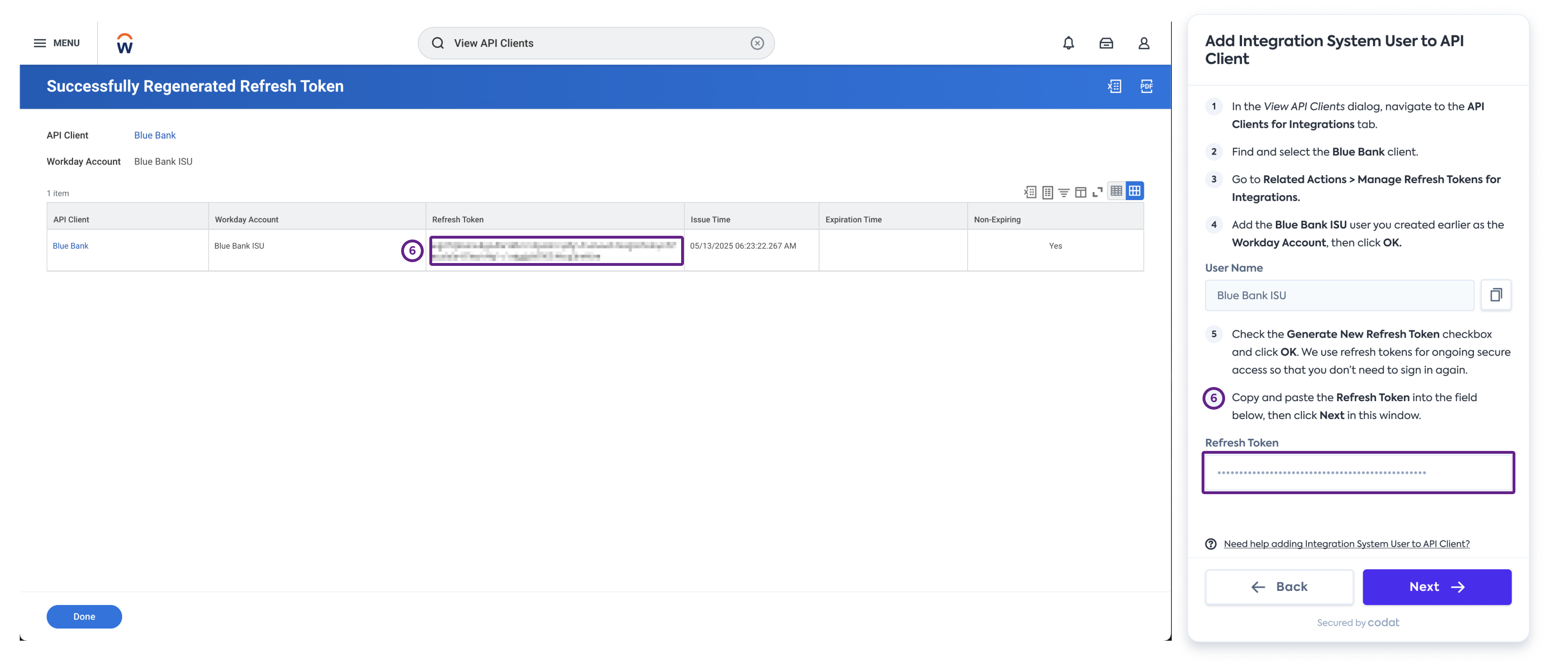 Capture d'écran de l'interface de Workday affichant la relation entre le flux de connexion de Codat et Workday.