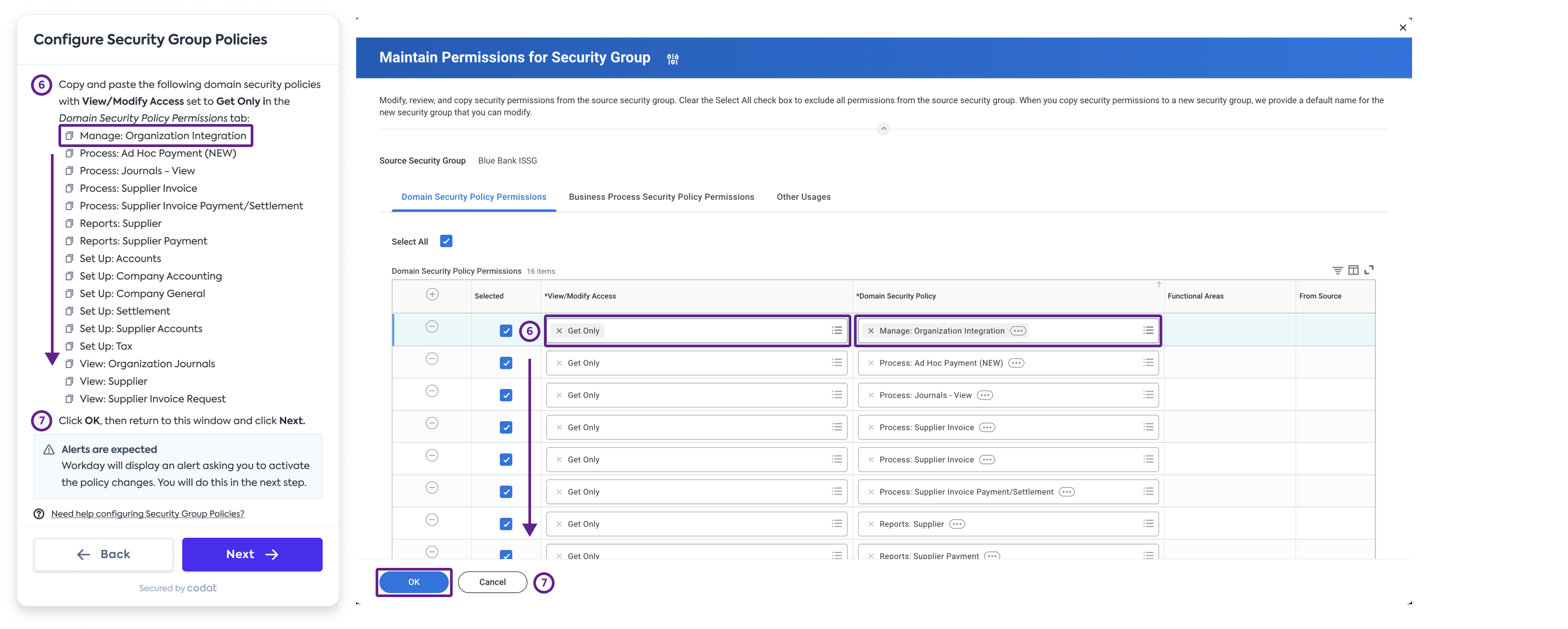 Capture d'écran de l'interface de Workday affichant la boîte de dialogue Domain Security Policy Permissions configurée avec les autorisations attendues.