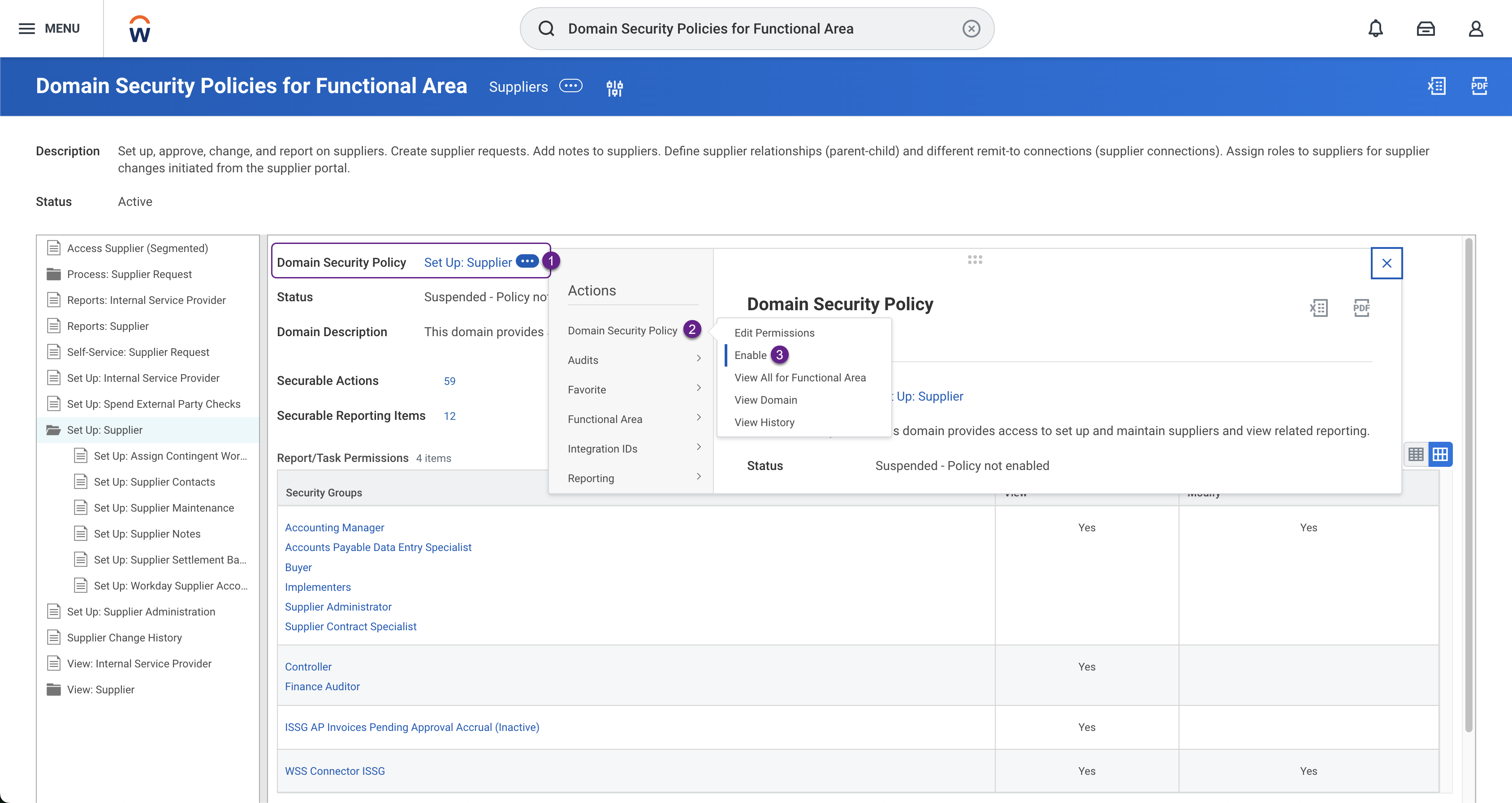 Capture d'écran de l'interface de Workday affichant les étapes requises pour activer une politique de domaine.