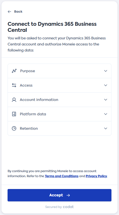 Capture d'écran de l'écran Se connecter à Dynamics BC du flux de lien de Codat.