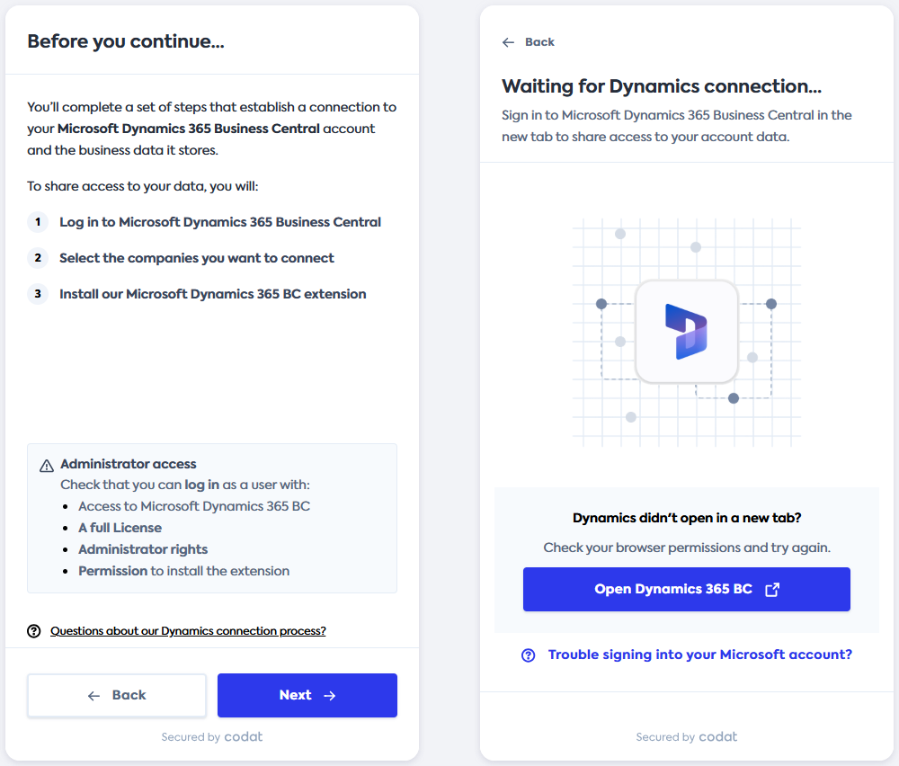 Capture d'écran des écrans avant de continuer et en attente de connexion avec les détails des étapes requises pour établir la connexion.