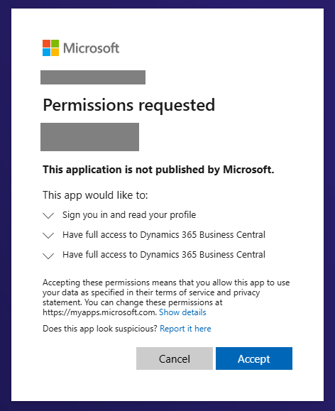 Capture d'écran de l'écran de demande de permissions Microsoft.