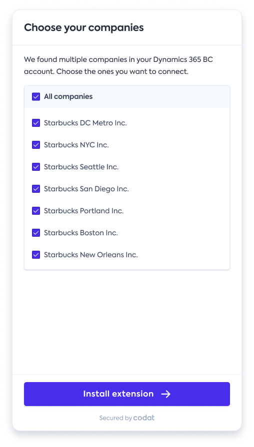 Capture d'écran de l'interface de connexion Dynamics BC avec un menu déroulant de sélection d'entreprise.