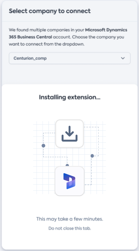 Capture d'écran de l'écran de connexion Dynamics BC avec l'installation de l'extension en cours.